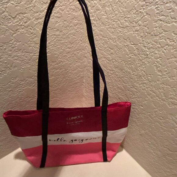 Clinique x Kate Spade Hello Gorgeous Tote Bag Pink Red Colorblock Stripe - Picture 3 of 8